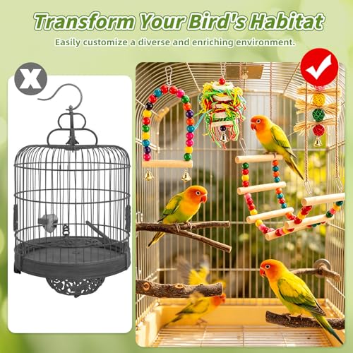 8 Pcs Natural Wood Bird Toys & Perches Set for Cages | Ideal for Small/Medium Parrots (Budgies, Conures) | Birch Ladder, Swing and Foraging Items for Cage Gym | Tool-Free Mount - size: Bird Toys & Perches Set