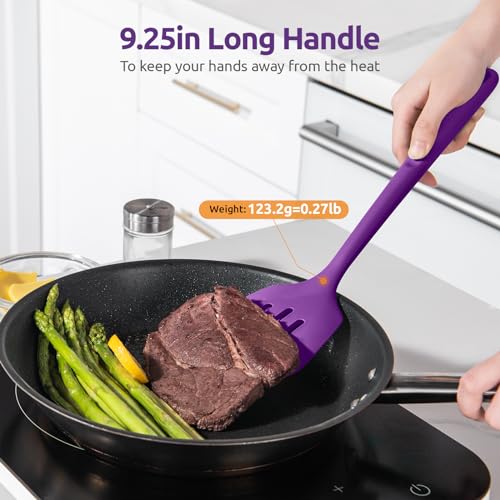 U-Taste Silicone Turner Spatula Set of 2, 13.6" Long/3.7" Wide, Purple | 600ºF Heat Resistant Food Grade Silicone Cooking Utensils Set, Wide Large Solid & Slotted Turner Pancake Egg Flipper - color: Purple