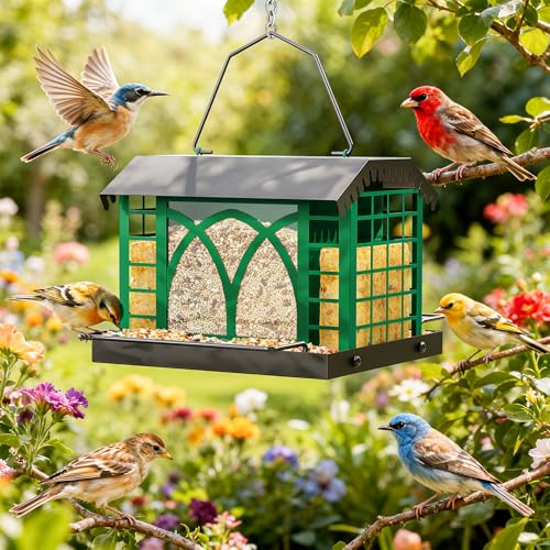 Bird Feeders for Outdoors Hanging, Metal Bird Feeder with Double Suet Cage Weatherproof Metal Roof, 3.5Lbs Large Capacity Great for Attracting Finch Cardinal Chickadee Wild Birds, Branch Green - color: Branch Green