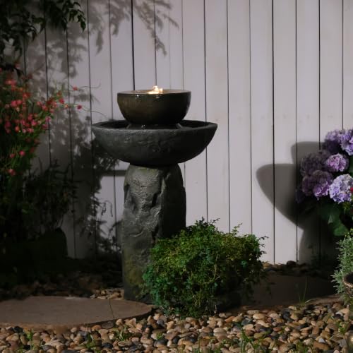 Outdoor Bird Bath Fountain with Planter Spot, Lighted Rustic Faux Stone Pedestal Birdbath, Relaxing Water Feature Decor for Wild Birds, Yard and Backyard Garden - color: Grey-28 in