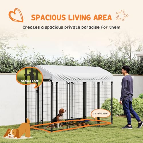 PawHut Outdoor Dog Kennel with Roof for Medium Dogs 8' x 4' x 6' Silver | Heavy Duty Welded Wire Dog Playpen Enclosure, Escape-proof Lock, UV-Resistant & Waterproof Cover, for Chickens, Ducks - size: 96.0"L x 48.0"W x 72.0"H, style: Single Room