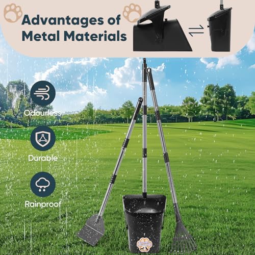 Stainless Steel Dog Pooper Scooper,40" Long Handle Swivel Bin, Rake and Spade,20 Waste Bags & Hook - Heavy Duty Portable Metal Poop Scooper for Large,Medium and Small Dogs