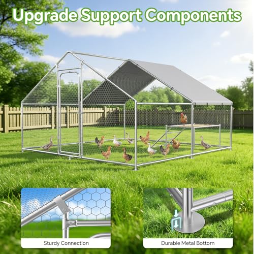 13.1 x 9.8 x 6.4 FT Metal Chicken Coop, Chicken Run with Cover | Walk-in Metal Chicken Coop, Side Hardware Cloth, Waterproof Cover, Roosting Perch, reinforced frame, Backyard & Farm Use - size: 157.3"L x 118.0"W x 78.2"H