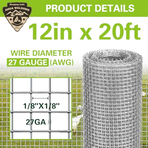 Hardware Cloth 12" x 20', 1/8" 27 Gauge Galvanized Wire Mesh Roll, Welded Metal Screen for Chicken Coops, Poultry Fencing, Animal Cages, Garden Barriers, DIY Craft Projects - size: 1/8" 27ga 12in x 20ft