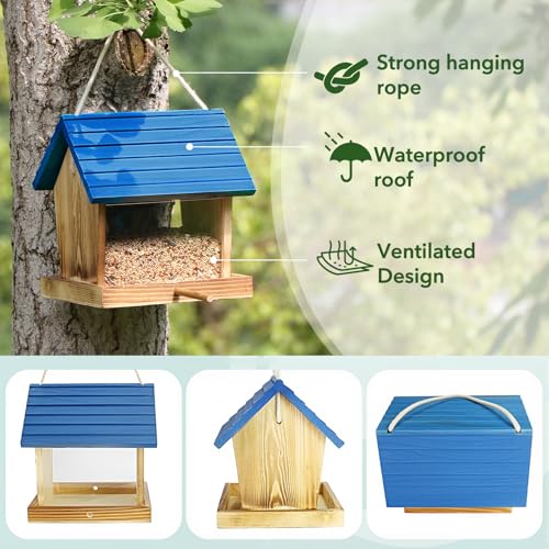 Cedar Wooden Bird Feeders for Outdoors Hanging– Large, Weatherproof Wild Bird House Feeder–Pre-Assembled, Hopper Design, Anti-Squirrel, Easy Fill for Cardinals, Bluebirds, Oriole & Finches