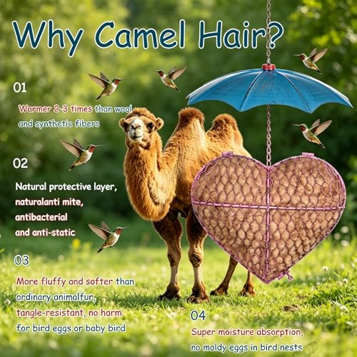 Bird Nesting Material Holder, Camel Fiber Bird Nesting Heart with 100g Camel Fiber, Hummingbird Nesting Material for Garden Decor, Gift for Bird Lovers