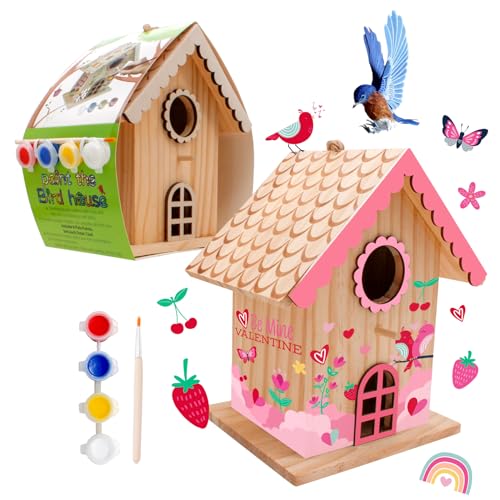 goldentime DIY Wooden Birdhouse Painting Kit, Bird House to Paint Set,Wood Arts and Crafts for Children, Paint Your Own Bird Houses Set,Includes Paints & Brushes - color: SPRING