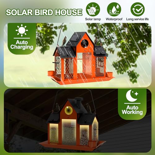 Solar Bird Feeders for Outdoors Hanging, Bird Houses for Outside | Orange,Wild Metal Bird Feeder,7LBS Large Capacity with Water Cup,Squirrel Proof Cardinal Bird feeder,Gift for Bird Lovers - color: Orange