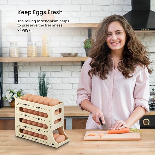 ZAYLAN Auto-Rolling Egg Holder for Fridge – 4-Tier Space-Saving Dispenser Holds 28 Eggs, Cream Organizer with FREE Flower Egg Cutter - color: CREAM