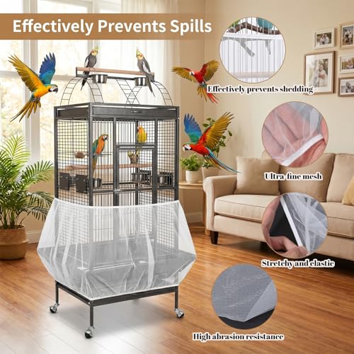 2 Pcs Bird Cage Seed Catcher,Adjustable Elastic Bird Cage Skirt Breathable Nylon Mesh Seed Catcher for Birds Cages Budgie Parrot Parakeet Enclosures(Black,White)