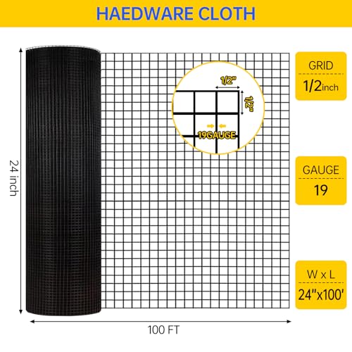Hardware Cloth, Galvanized Chicken Wire Fence, 19 Gauge Vinyl Coated Wire Mesh Roll, Black Welded Wire Fencing Roll Gopher Wire Mesh Roll for Garden Fencing Rabbit Snake Wire (Black 24IN 100FT) - color: 24" x 100' Black