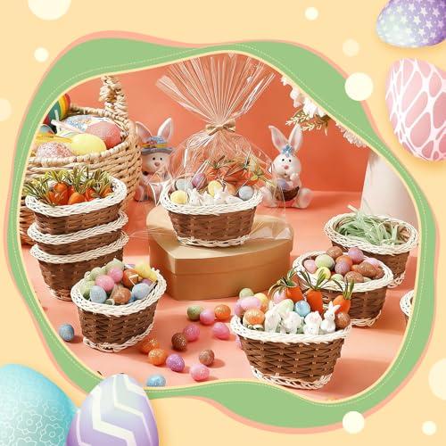 Cinnvoice 24 Sets Mini Easter Party Favor Supplies, Mini Easter Baskets with Eggs, Bunnies, Carrots, Grass & Opp Bags for Spring Egg Hunts, DIY Crafts (Brown) - color: Brown