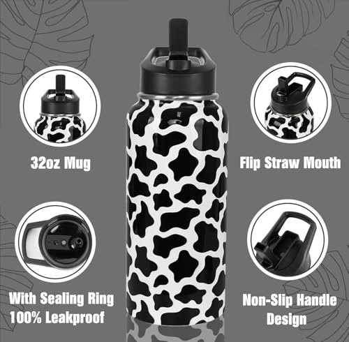 Cow Print Water Bottle with Straws Insulated Cowboy Travel Thermal Double Walled Vacuum Cup Leak Proof Stainless Steel Tumbler Cow Lovers Decor Gifts-32 oz - color: Black white