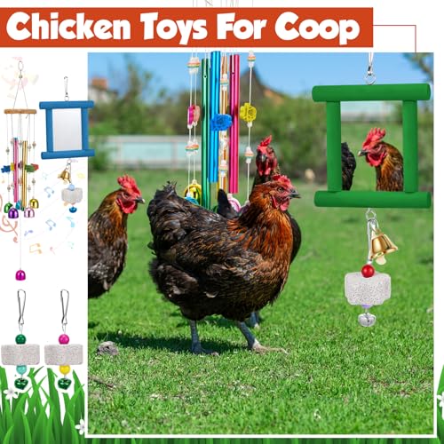 VioraWhite 7 Pcs Chicken Toys, Hanging Chicken Wind Chime, 2 Pcs Coop Mirror Toys with Bells 4 Pack Beak Grinding Stones, Musical Coop Accessories for Hen Rooster Chick Poultry Birds(Green, Blue) - color: Green, Blue