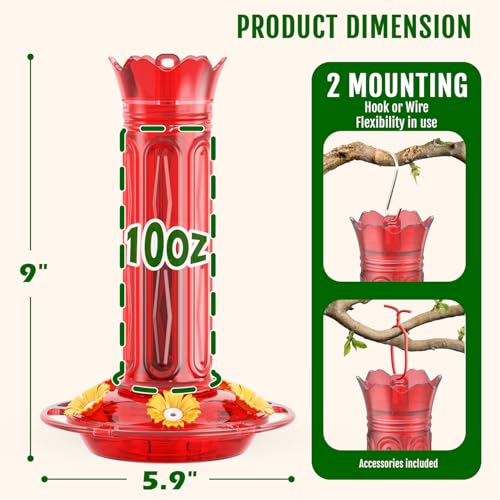 Birdream 10oz Hummingbird Feeders for Outdoors, Plastic Hummingbird Feeder with 5 Bee Guard Feeding Ports & Cleaning Brush, Gift Box Design, Leak Proof, Built-in Ant Moat, Solid Red - color: Solid Red, size: 1 Pack