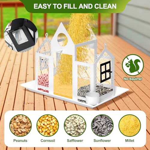 Solar Bird Feeders for Outdoors Hanging, Bird Houses for Outside | White,Wild Metal Bird Feeder,7LBS Large Capacity with Water Cup,Squirrel Proof Cardinal Bird feeder,Gift for Bird Lovers - color: White