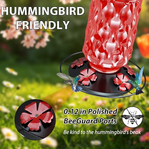 Hummingbird Feeder for Outdoors, 25OZ Hummingbird Feeder with 5 Flower Ports & Perch, Leak-Proof, Crystal Clear – Glass Hummingbird Feeders for Outdoors Hanging, Garden Decor,Gifts for Women Men (Red) - color: Red