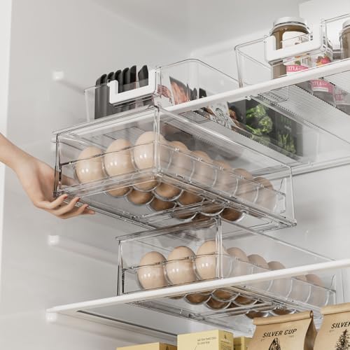 BPA Free Stackable Egg Container - 18 Egg Refrigerator Organizer with 2 Kitchen Hooks, Clear - style: Modern+Simple