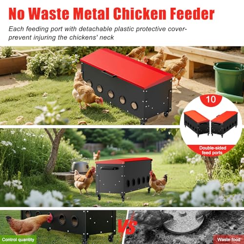 120lb Automatic Metal Chicken Feeder, Heavy Duty Gravity Chicken Feeder Box with Weatherproof Lid Brake Casters,Portable Chicken Feede No Waste Poultry Feeder for Ducks, Geese