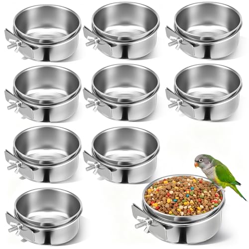 10 Pack Stainless Steel Bird Food Bowls with Clamp Holder, Parrot Feeding Dish Cups for Cage, Rustproof Bird Water Feeders for Cockatiel Conure Budgie Parakeet Macaw Lovebird Small Animals