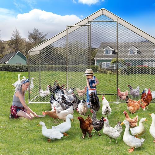 Large Metal Chicken Coop, Large Chicken Run, Walk-in Poultry Cage with Waterproof and Anti-UV Cover for Outdoor Yard Farm Use (9.8' L x 6.5' W x 6.6' H)