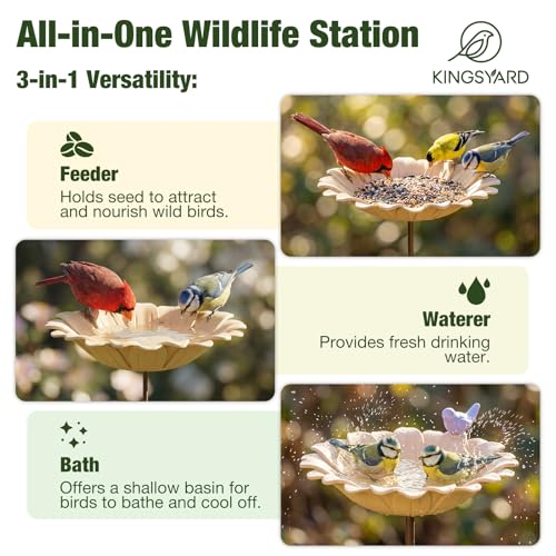 Kinsgyard 2 Pack Free Standing Tray Bird Feeders with Adjustable Pole, Wild Bird Bath for Outdoor Garden Yard Decor, Large Seed Capacity, Easy to Clean and Refill, Yellow & Beige - color: Yellow & Beige
