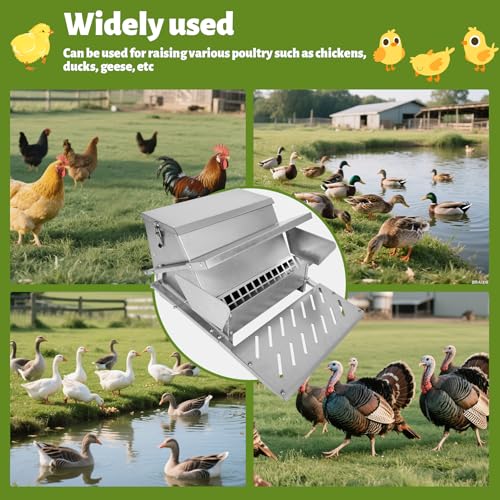 Automatic Metal Treadle Feeder 26lbs Capacity No Waste Automatic Chicken Feeder Galvanized Steel Large Metal Poultry Feeder Outdoor Coop Food Dispenser with Rain Cover