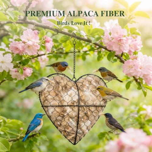 2 Pack Handmade Alpaca Fiber Bird Nesting Heart & Hanging Metal Mesh Bird Feeder Tray Kit - Outdoor Wild Bird Feeding & Nesting Kit for Garden, Patio, Backyard, Hummingbirds & Cardinals