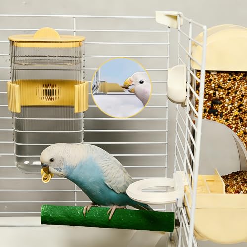 Automatic Bird Feeder Waterer Kit Bird Cage Hanging Waterer Parakeet Leak-Proof Feeder Parrot Vegetable Clips Cage Accessories for Budgies Lovebirds Finches Canaries Parrotlets Conures (Yellow) - color: Yellow