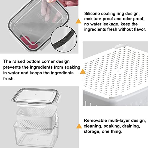 3Pack Fridge Food Storage Container Set with Lids with Strainer,Plastic Fresh Produce Saver Vegetable Fruit Meat Storage Organization, BPA-Free Plastic Produce Keepers(3.15L+1.7L+0.8L)