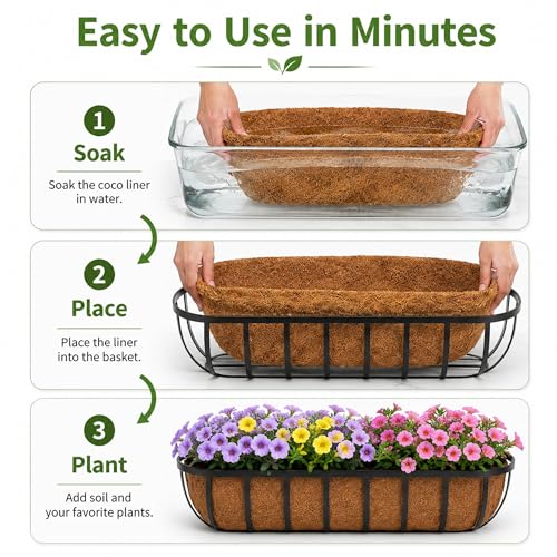 HFHOME Coco Liners for Planters, 24 Inch Natural Coconut Coir Fiber Window Box Liners, Wall Hanging Basket and Flower Box, Trough Coco Planter for Garden Fence, 2 Pack - size: 24 2P HALF