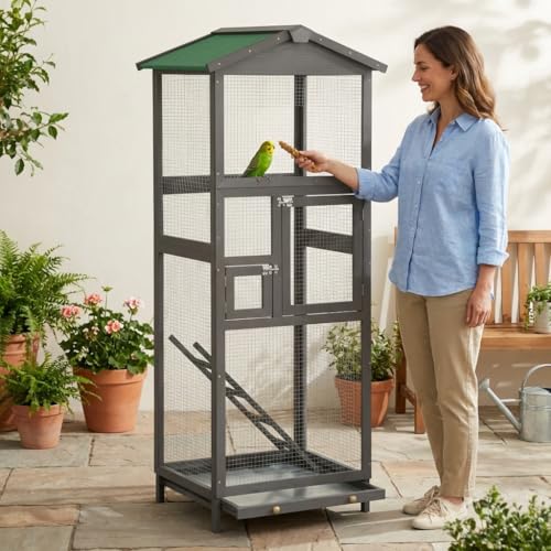 Indoor and Outdoor Aviary House, Wooden birdcages Bird Cage with Pull Out Tray and Wooden Bird cage Two Doors, Spacious Multi-Level Design for Small Birds Like Parakeets, Canaries