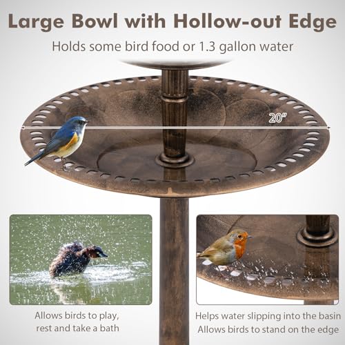 Solar Bird Bath, Pedestal Bird Bath with Bird Feeder, Flower Planter Base, and Solar Powered Lamp, Standing Birdbath for Outdoors, Garden, or Yard, 42 Inch Tall (Bronze) - color: Bronze