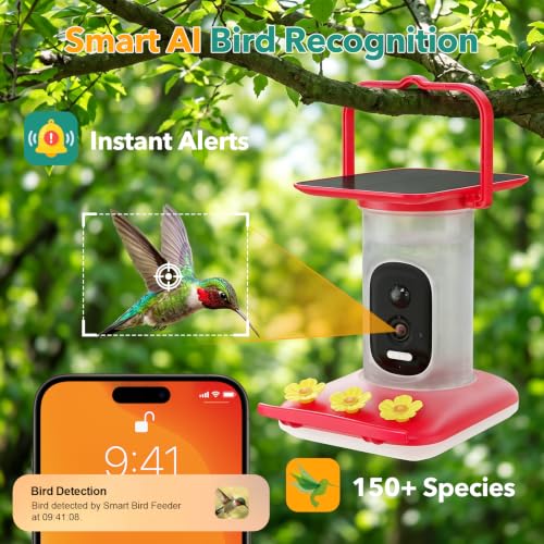 Smart Hummingbird Feeder with Camera, All-in-One Integrated Solar Roof – No Wires, 2.5K HD Color Night Vision, AI Identified Solar Hummingbird Feeder, Leakproof Design Hummingbird Feeders for Outdoors