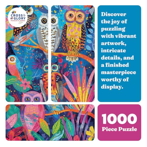 Cross & Glory | 1000 Piece Jigsaw Puzzles for Adults | Hootenanny | Birds in Paradise | Vibrant Indian Garden & Owl Design | 2mm Thick Pieces | Bonus Reference Poster | Satin Finish | Ages 14+ - color: Hootenanny