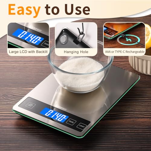 Food Scale, 33lb Kitchen Scale with 1g Precision, Rechargeable Black | Premium Stainless Steel & Tempered Glass, Splash-Resistant Sturdy Surface, USB-C or Batteries, for Cooking, Baking, Meal Prep - color: Rechargeable-Black
