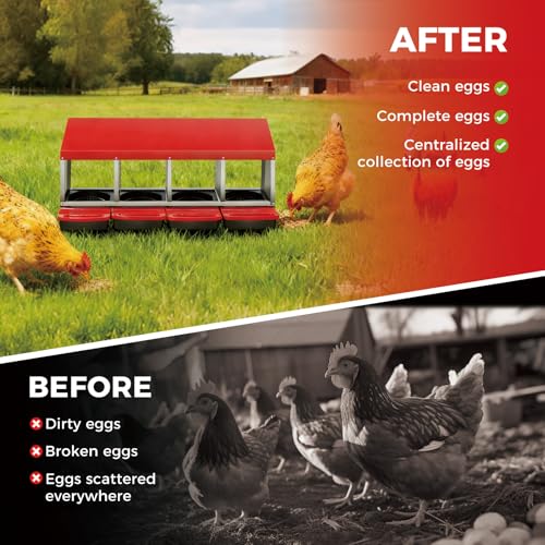 4 Hole Chicken Nesting Boxes, Weatherproof Galvanized Steel Chicken Egg Laying Box with Automatic Rollout Egg Collection, 2-in-1 Handle Perch, Easy Clean & Quick Assemble for Chicken Coop - color: Red, size: 30.7"L x 20.1"W x 20.1"H