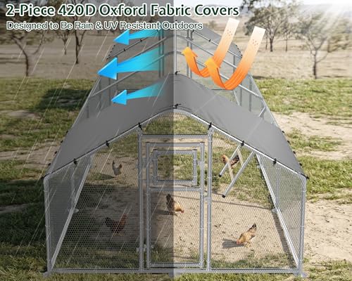 32x10 FT Extra Large Walk-in Chicken Coop with Spire Roof Cover | Front and rear doors, feeding door, roosting ladder and galvanized frame support easier daily poultry care - size: 372.4"L x 118.1"W x 77.6"H
