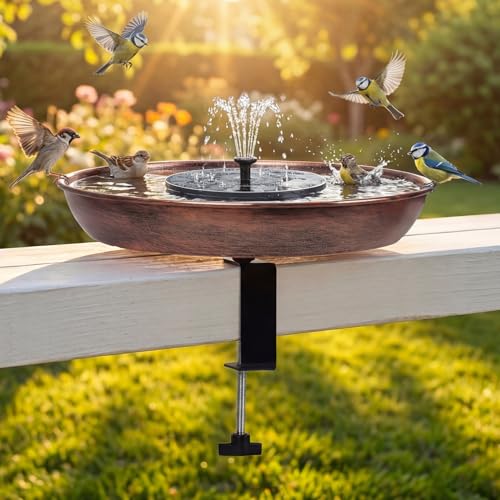 Edenseelake Deck Mounted Metal Bird Bath with Solar Powered Fountain for Outside, Detachable Birdbaths Bowl with Adjustable Steel Clamp for Feeder Railing Balcony Fence Yard