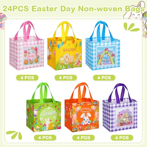 Sanwuta 24 Pcs Easter Gift Bags with Handles, Reusable Non-Woven Easter Goodie Bags Bulk, Bunny Egg Hunt Treat Baskets for Shopping Party Favor Supplies