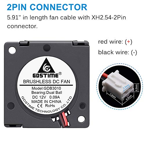 GDSTIME 30mm Blower 12V 2Pin 3010 Dual Ball Brushless DC Cooling Fan 2-Pack | Replacement for 3D Printers - 30x30x10mm, 12 Volt, 9500RPM, High Performance - size: 30mm x 10mm