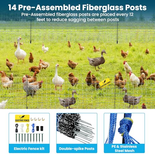 Poultry Netting Electric Fence,47.2" H x 164'L, Electric Chickens Fence | for Chickens, Ducks, Turkeys, PE Net Fencing Kit with Posts & Double-Spiked Stakes, Used in Backyards, Farms - size: 47.2" H x 164'L