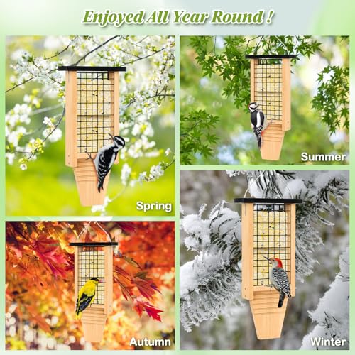 Gbekery Wooden Suet Bird Feeder for Outside Hanging, Large Woodpecker Suet Feeder with Tail Prop, Double Suet Cakes Hanging Bird Feeder for Wild Birds, 1 Pack, Black - color: Black Double Capacity