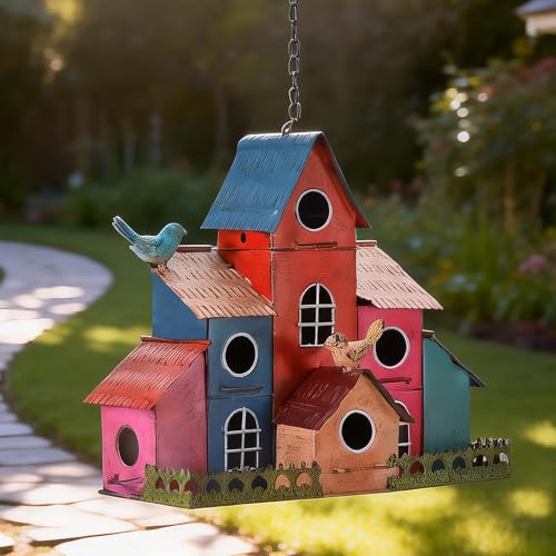Large Bird House for Outside Hanging, Metal Bird Houses for Outside with 6 Compartments for Birds to Nest in, Durable Colorful Birdhouse with Easy Clean Back Doors, Escape Holes & Ventilation
