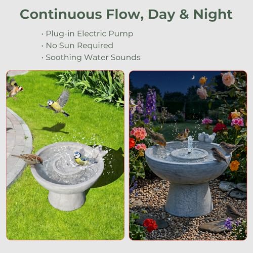 Bird Bath with Bubbler Spray Fountain 13" Height Freestanding Resin Birdbath Water Fountain Plug-in Powered Outdoor Water Feature Bird Playing Bowl for Garden, Patio, Yard, Balconies and Lawns