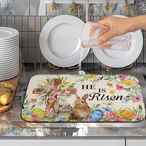 Easter He Is Risen Bunny Dish Drying Mat for Kitchen Counter Spring Easter Cross Floral Eggs Drying Pad 16x18 In Microfiber Absorbent Holiday Dishes Drainer for Kitchen Counter Tableware - color: Easter Cross, size: 16" x 18"