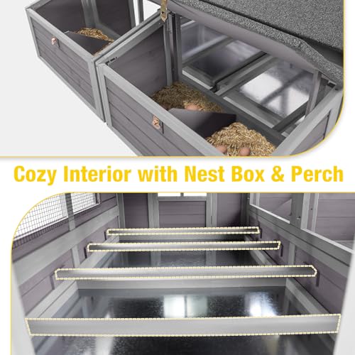 Extra Large Mobile Chicken Coop with Wheels – Outdoor Hen House for 6-8 Chickens, Weatherproof Asphalt Roof, Sectionable Nesting Box with Pull-Out Tray - color: Grey, size: 68.1"L x 53.9"W x 49.0"H