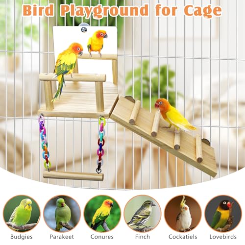 BNOSDM Bird Perch Platform with Mirror, Wooden Climbing Ladder for Parakeet, Small Bird Swing Toys Parrot Cage Accessories Budgie Playground for Cockatiel, Lovebirds, Conures, Finch - color: 4in1 Bird Perch Platform