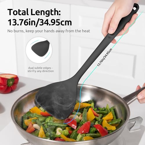 U-Taste 600ºF Heat Resistant 13.6in Long Solid & Slotted Silicone Turner and 600ºF Heat Resistant 13.76" Long, 3.63" Wide Wok Spatula for Kitchen Stir Fry (Black)