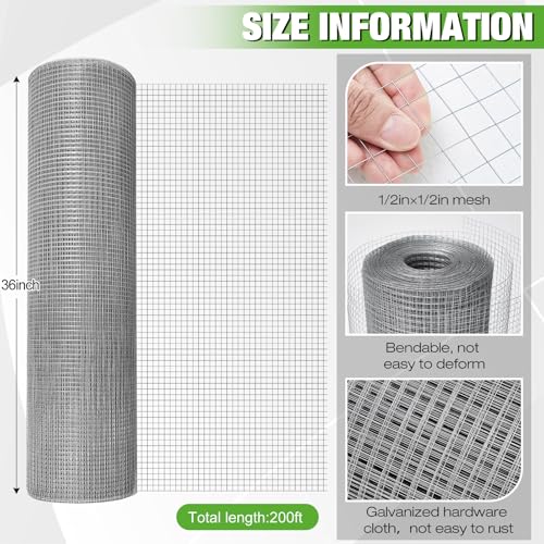 Tatuo Hardware Cloth 1/2 Inch 36in x 200ft Hot Dip Galvanized After Welded Cage Mesh Rolls 21 Gauge Metal Chicken Wire Roll Wire Fencing Poultry Netting for Raised Garden Rodent Animals - color: Silver, size: 36in X 200ft